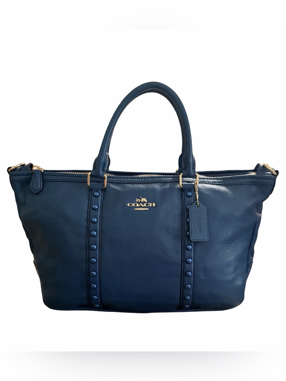 Coach Blue Central Studded Pebble Leather Satchel